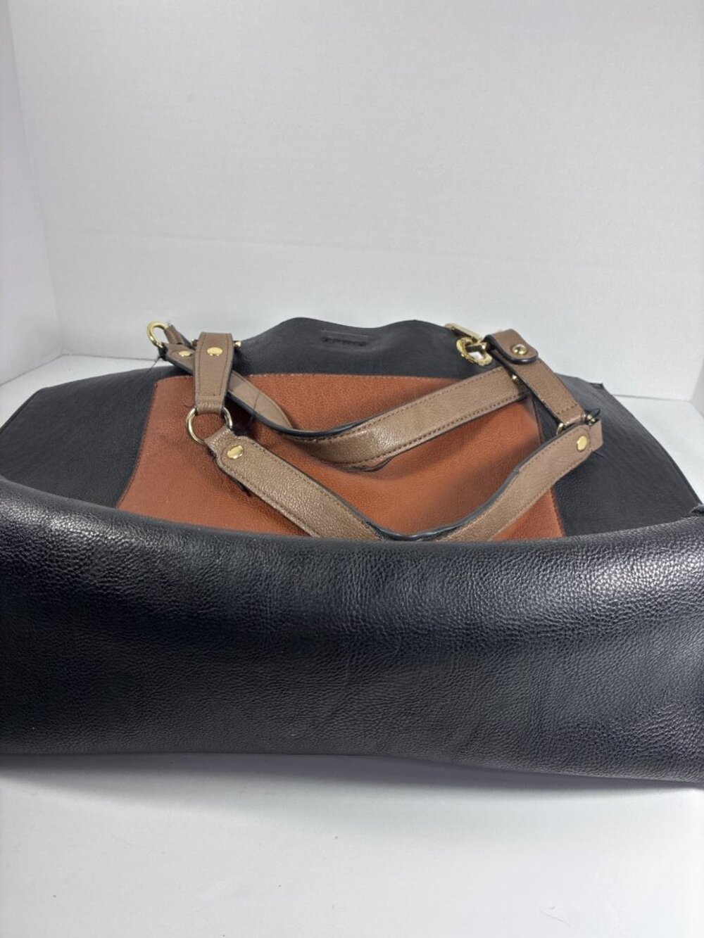 Calvin Klein Large Leather Tote Bag Black Brown Colorblock Shoulder Bag 17” - Picture 8 of 13